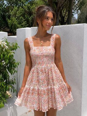 Arose Studio Myla Floral Lace Sleeve Square Neck Tiered Mini Dress $198 One Size